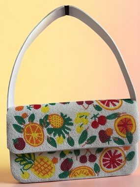 Beaded Fruit-Print Shoulder Bag in White-NWT